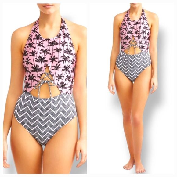 NEW NOBO Palm Sunrise One Piece Cut Out Corset Lace Up Swimsuit in Pink Nova Med - Picture 1 of 13